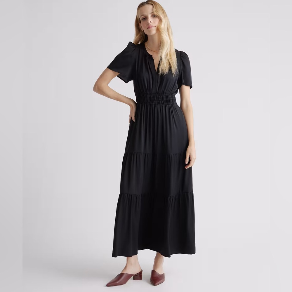 Quince Washable Stretch Black Silk Tiered Maxi Dress Medium